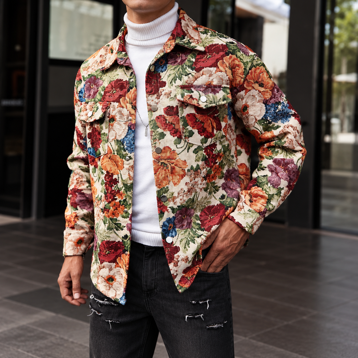 Vintage Floral Textured Jacquard Shirt Jacket With Cargo Pockets For Men