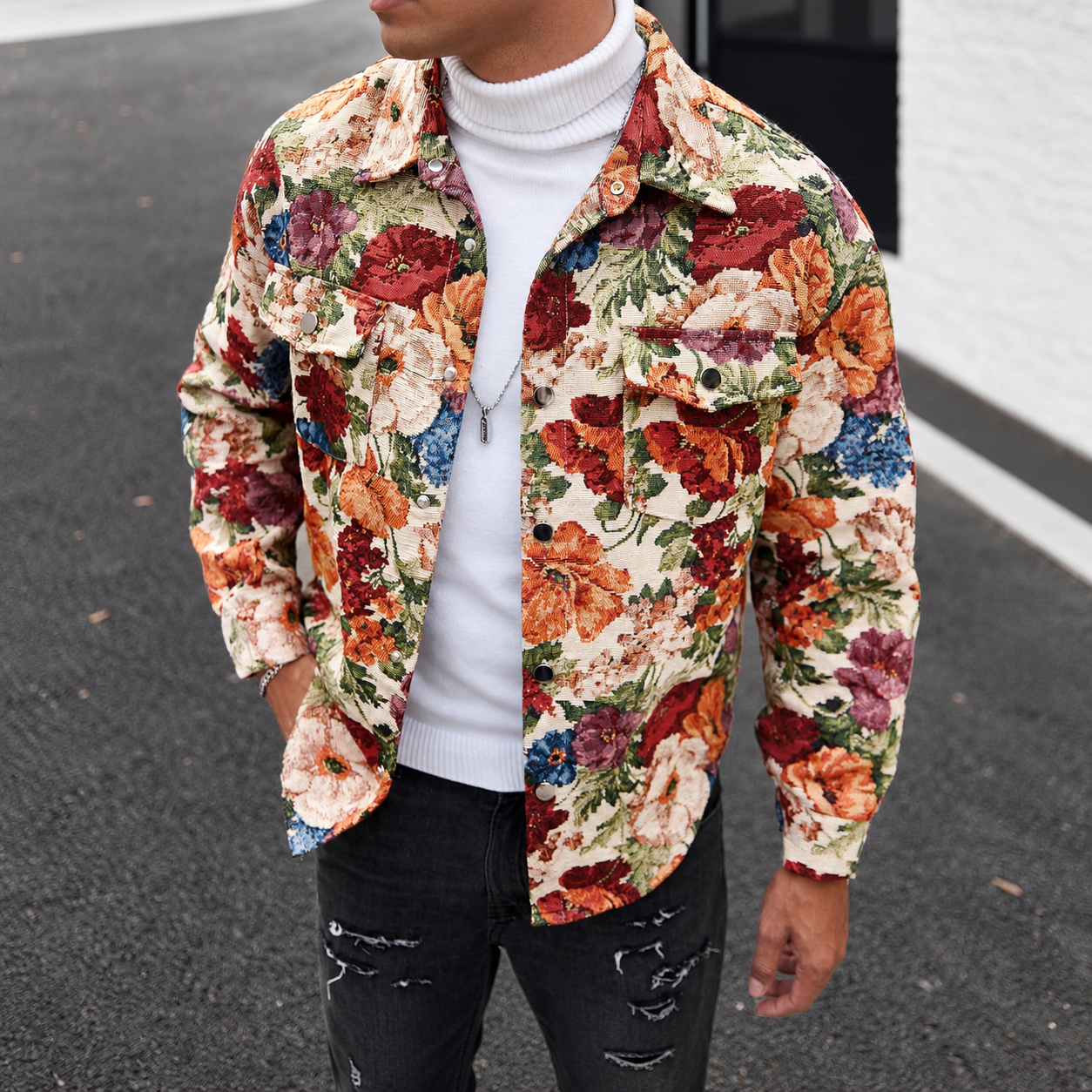 Vintage Floral Textured Jacquard Shirt Jacket With Cargo Pockets For Men