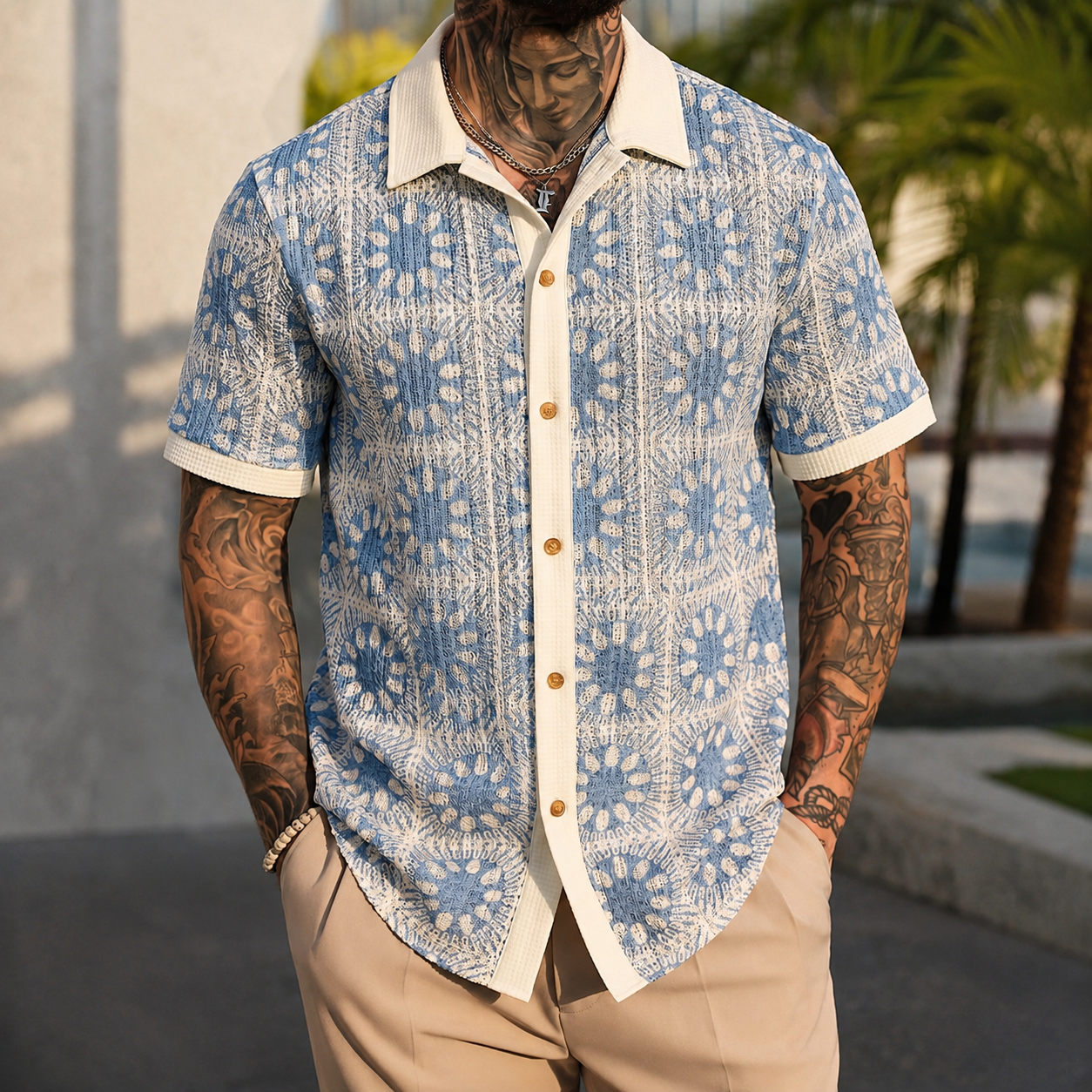 Lightweight Printed Short Sleeve Button Up Casual Holiday Shirt For Men