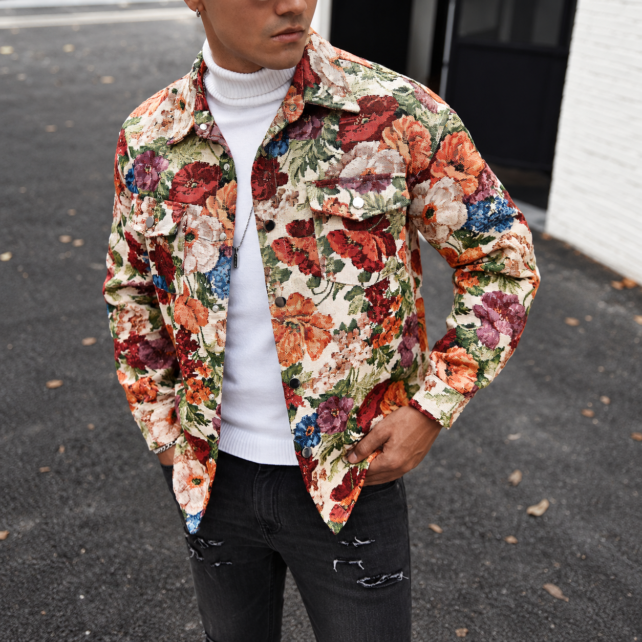 Vintage Floral Textured Jacquard Shirt Jacket With Cargo Pockets For Men