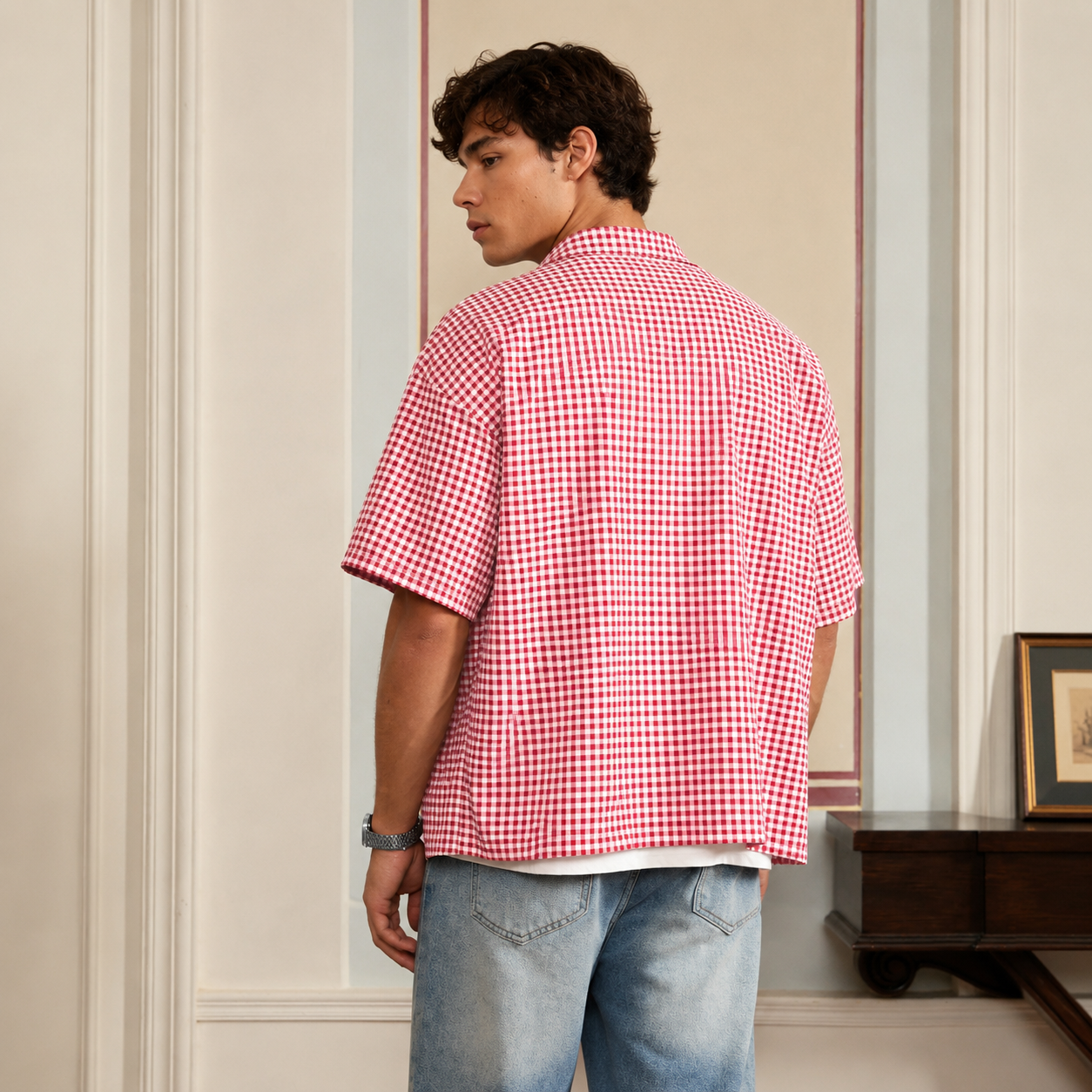 Loose Fit Classic Checkered Short Sleeve Button Up Casual Shirt For Men