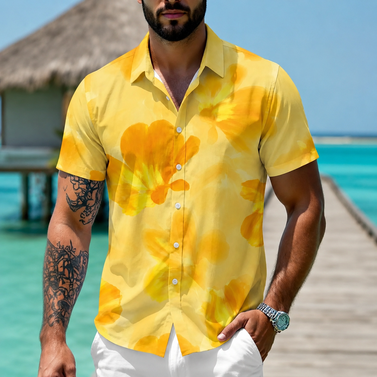 Classic Printed Holiday Short Sleeve Shirt Button Up For Men