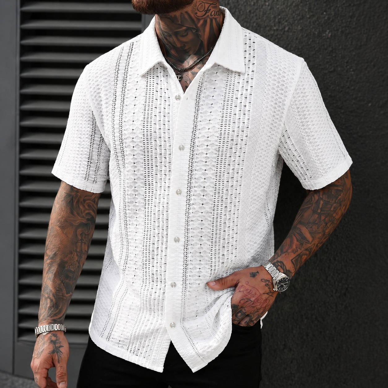 Lightweight Printed Short Sleeve Button Up Casual Holiday Shirt For Men