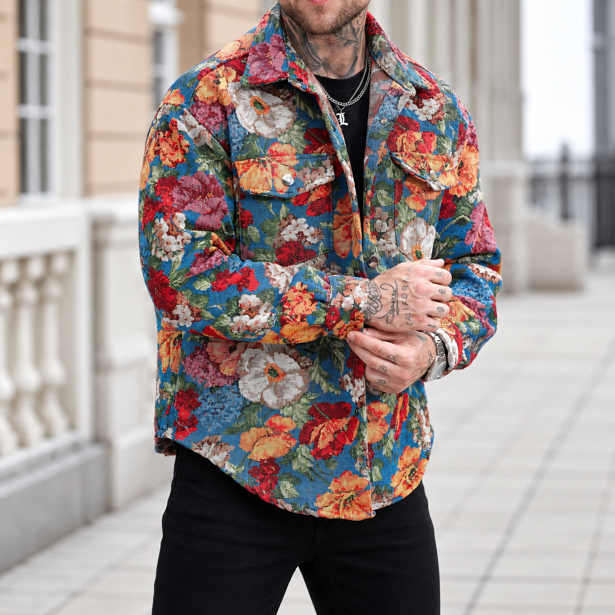 Vintage Floral Textured Jacquard Shirt Jacket With Cargo Pockets For Men