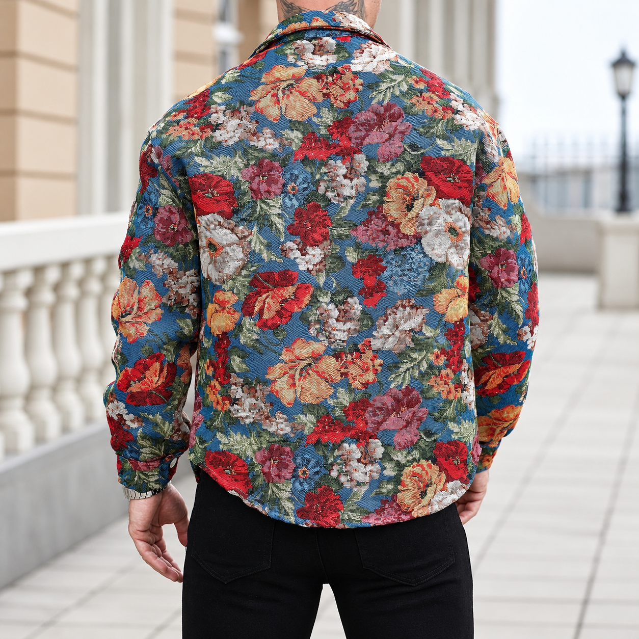Vintage Floral Textured Jacquard Shirt Jacket With Cargo Pockets For Men