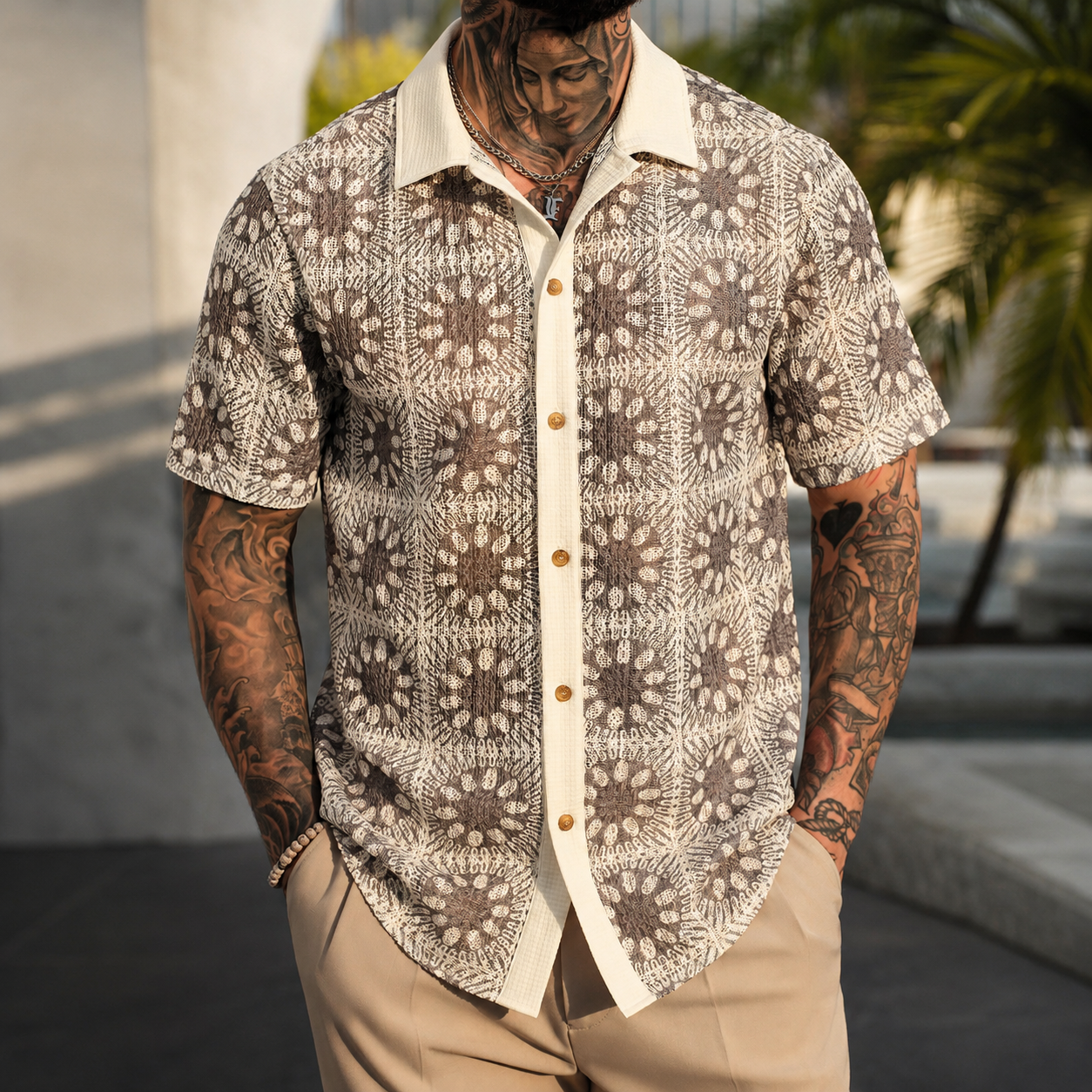 Lightweight Printed Short Sleeve Button Up Casual Holiday Shirt For Men