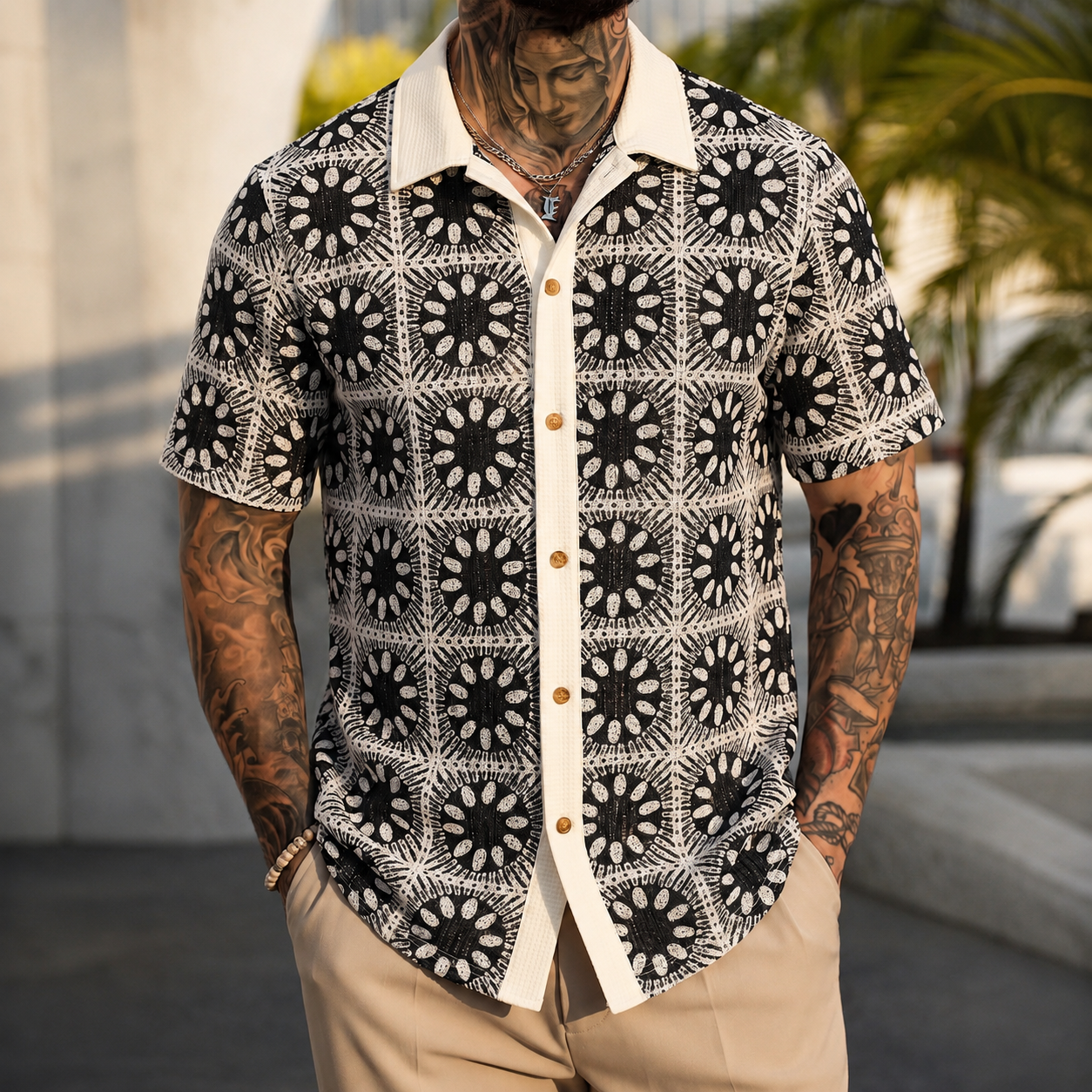 Lightweight Printed Short Sleeve Button Up Casual Holiday Shirt For Men