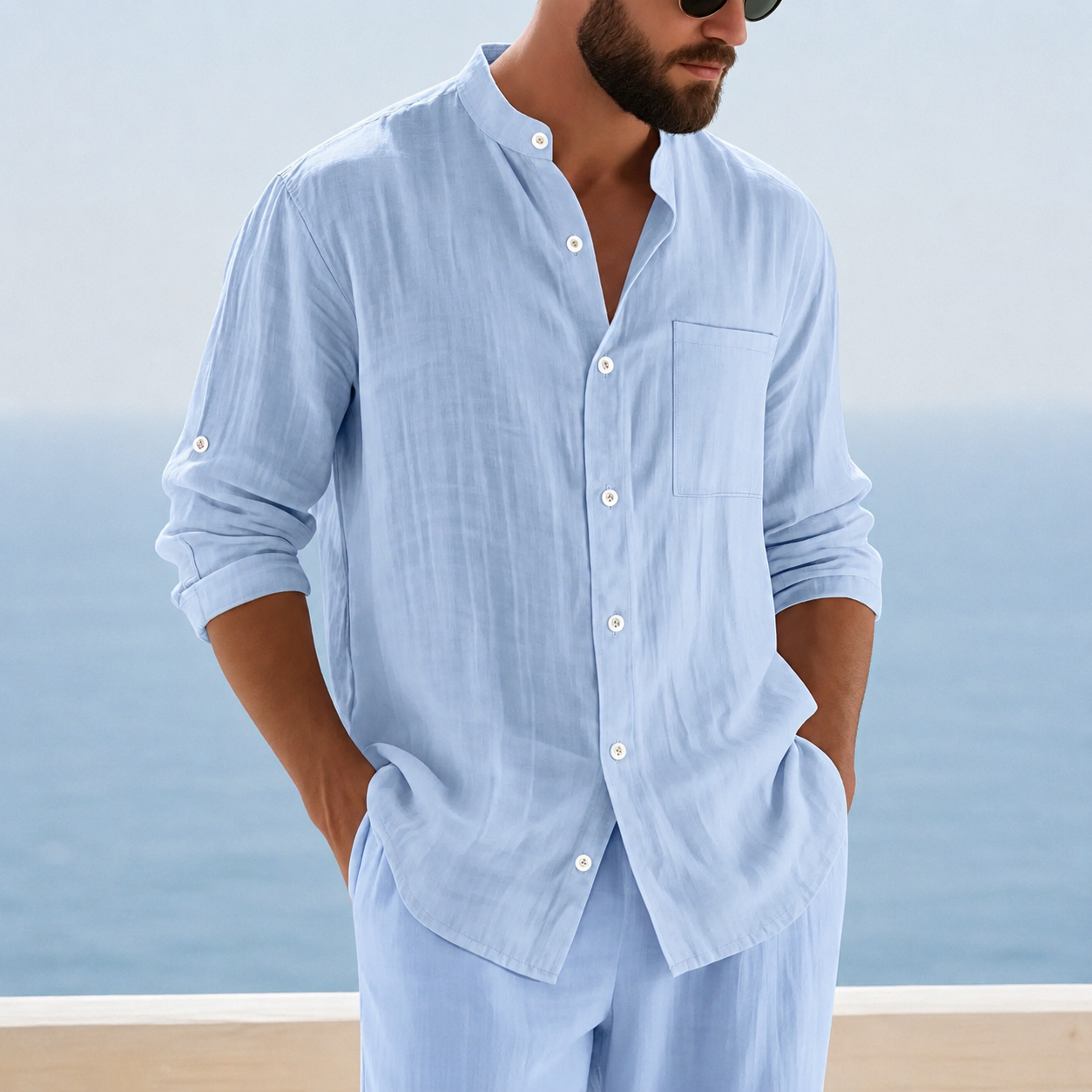 Loose Fit Stand Collar Button Up Casual Shirt With Long Sleeves For Men