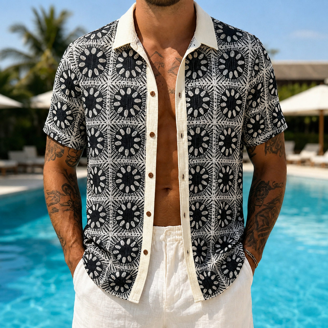 Lightweight Printed Short Sleeve Button Up Casual Holiday Shirt For Men