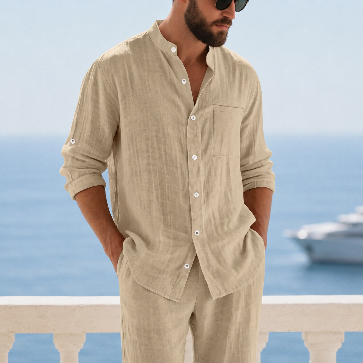 Loose Fit Stand Collar Button Up Casual Shirt With Long Sleeves For Men