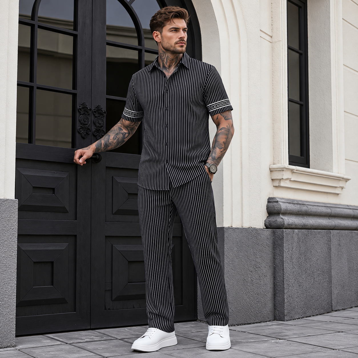 2 Pieces Blend Henley Shirt And Pants Set For Men