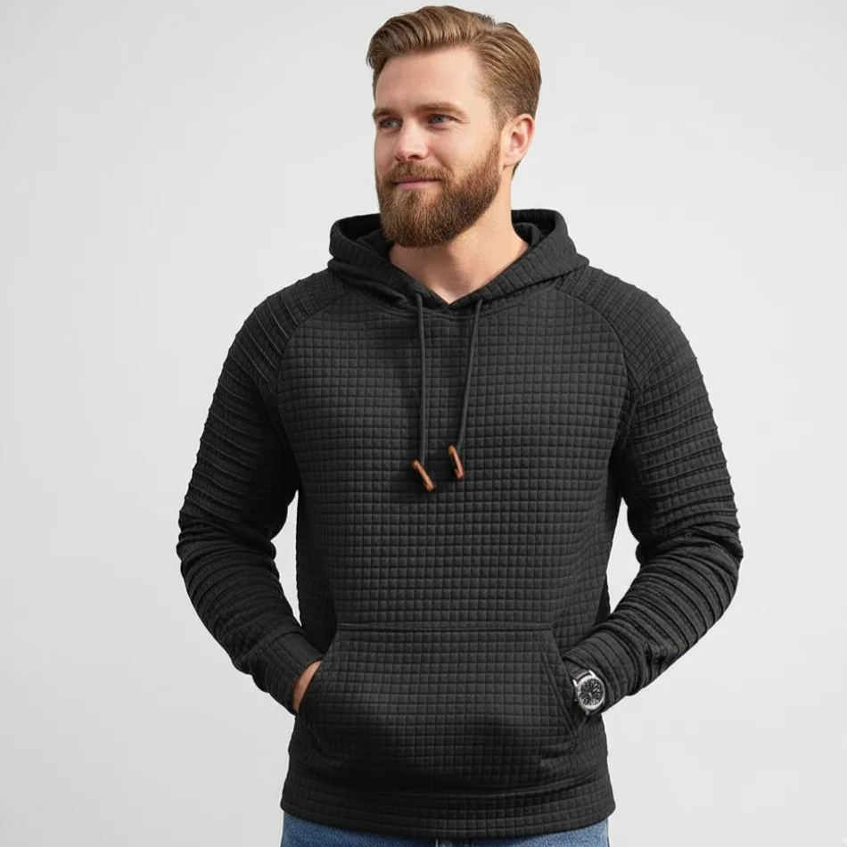 Men Long Sleeve Waffle Knit Pullover Hoodie with Kangaroo Pocket