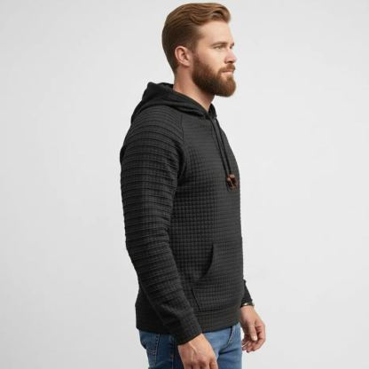 Men Long Sleeve Waffle Knit Pullover Hoodie with Kangaroo Pocket
