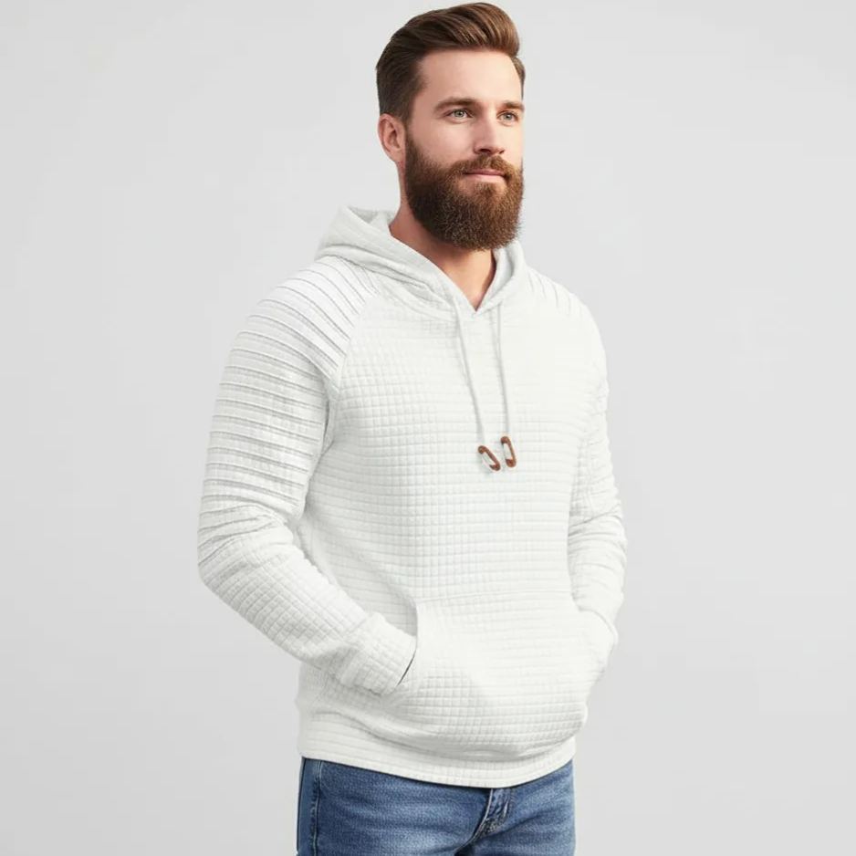 Men Long Sleeve Waffle Knit Pullover Hoodie with Kangaroo Pocket