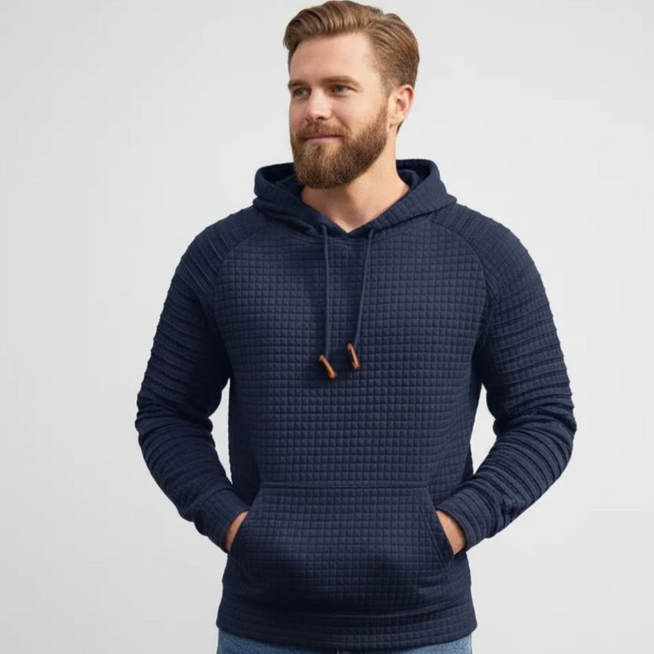 Men Long Sleeve Waffle Knit Pullover Hoodie with Kangaroo Pocket
