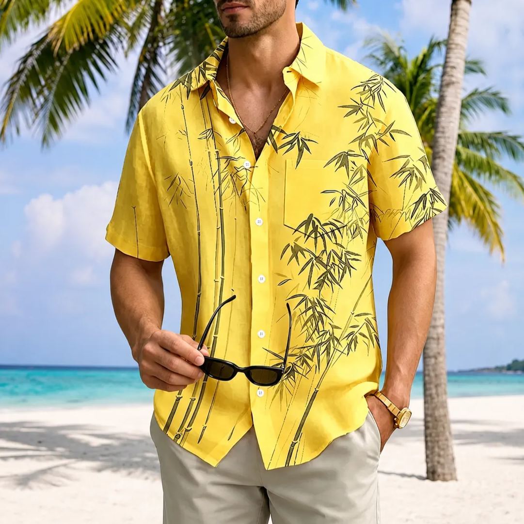 Vintage Bamboo Leaf Print Short Sleeve Shirt For Men