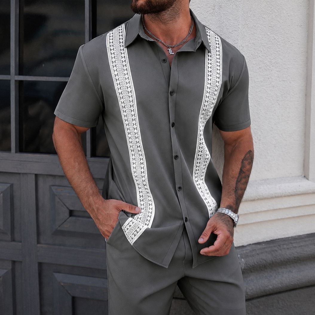 Casual Short Sleeve Lace Detail Shirt For Men