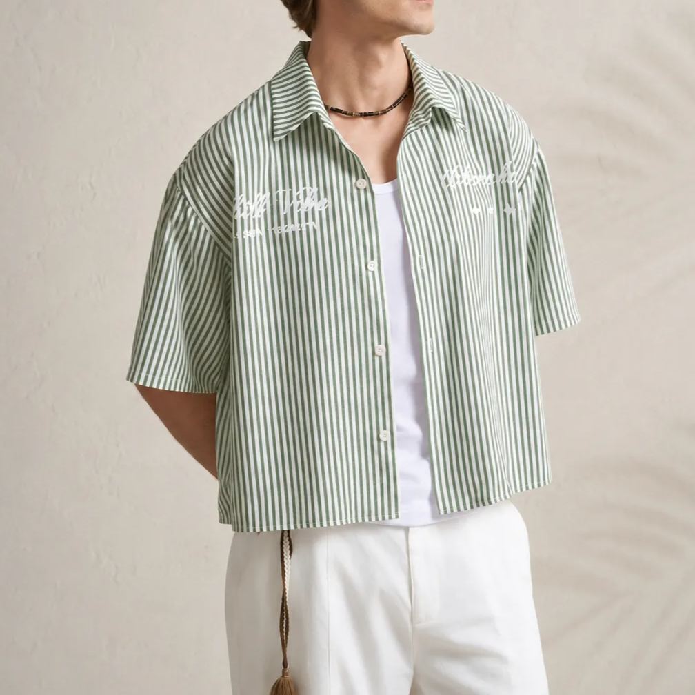 Striped Print Short Sleeve Summer Casual Vacation Style Shirt For Men