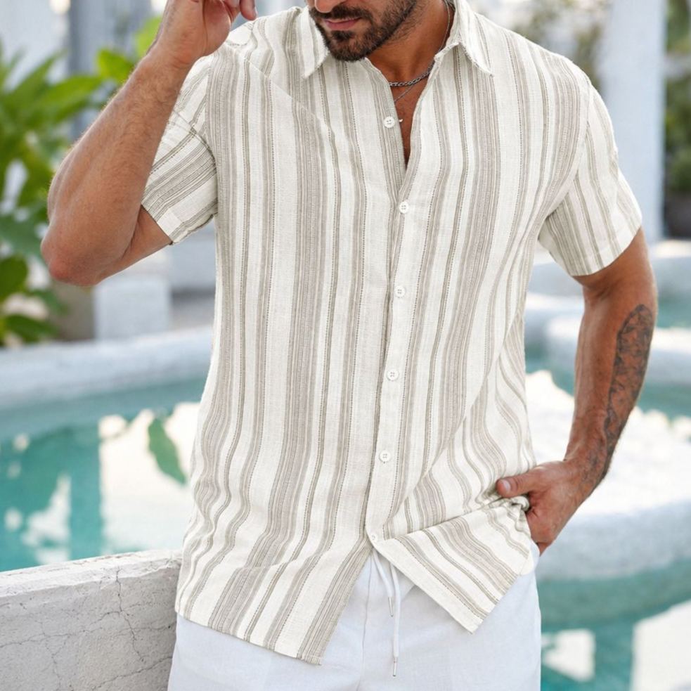 Striped Pattern Short Sleeve Button Up Shirt For Men