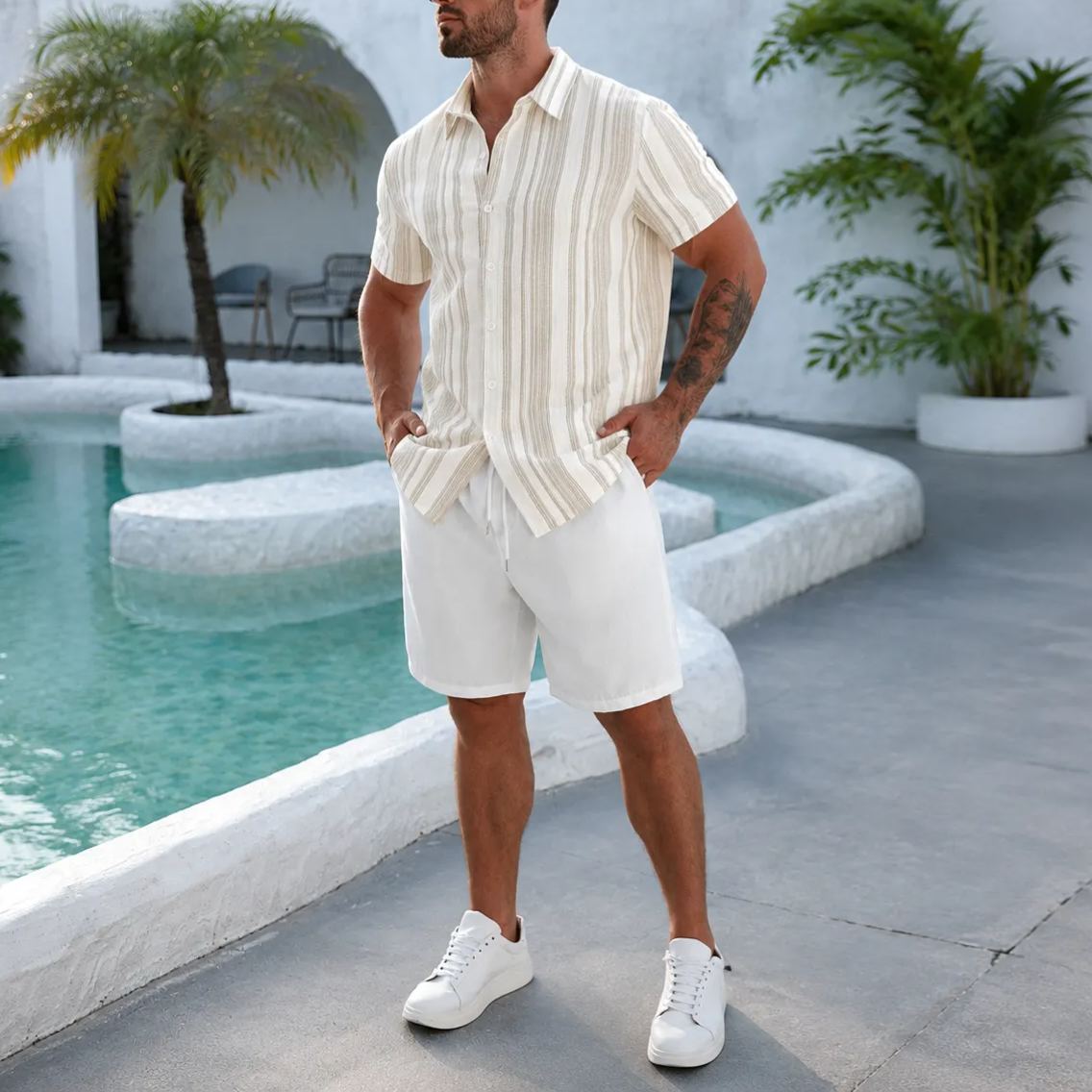 Striped Pattern Short Sleeve Button Up Shirt For Men