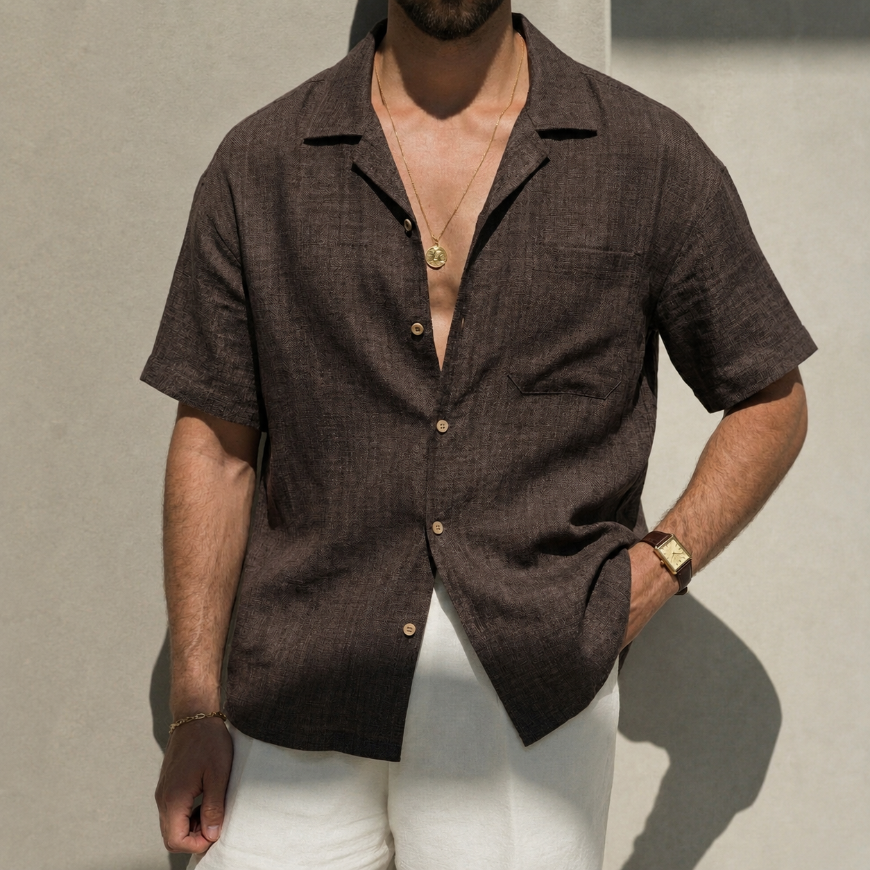 Loose Fit Camp Collar Short Sleeve Button Front Summer Wear Shirt For Men