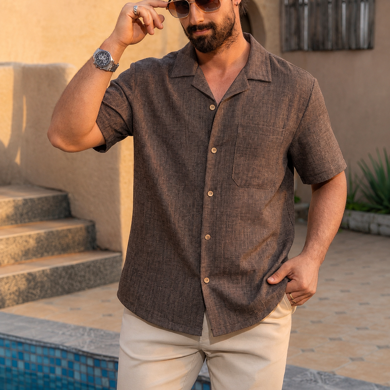 Loose Fit Camp Collar Short Sleeve Button Front Summer Wear Shirt For Men