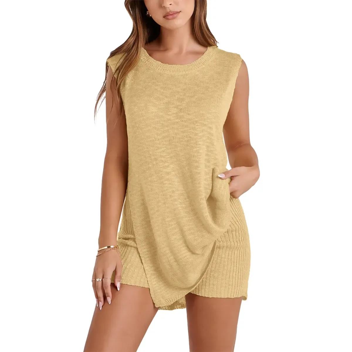 2 Piece Summer Knit Sweater Set With Sleeveless Tunic Top And Ribbed Shorts For Women