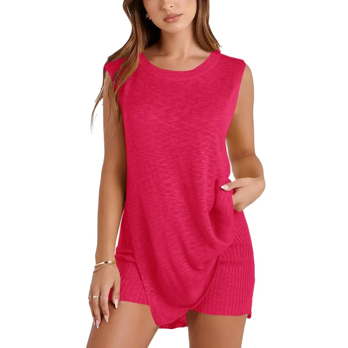 2 Piece Summer Knit Sweater Set With Sleeveless Tunic Top And Ribbed Shorts For Women
