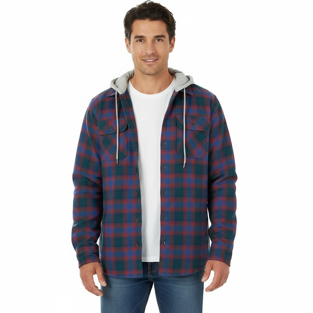 Men's Long Sleeve Quilted Lined Flannel Shirt Jacket with Hood
