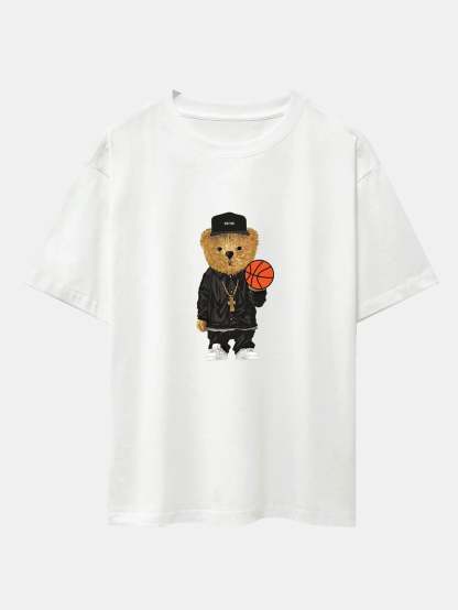 Basketball Bear Print Oversize T-Shirt-Vacay Outfit
