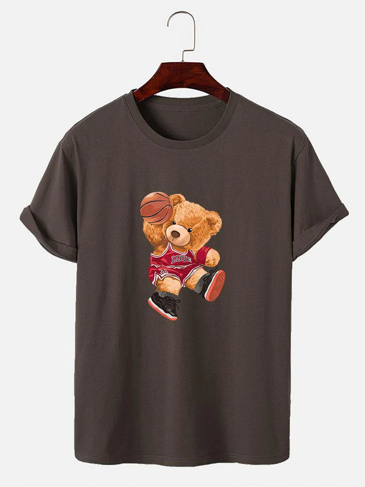 Bear Playing Basketball Print T-Shirt-Vacay Outfit