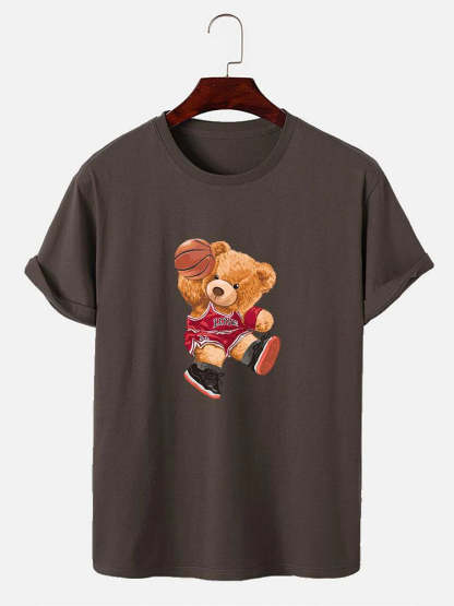 Bear Playing Basketball Print T-Shirt-Vacay Outfit