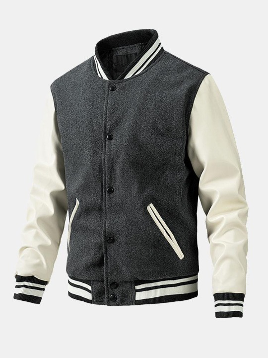 Contrast Wool Look Baseball Jacket-Vacay Outfit