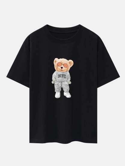 Bear Print Oversize T-Shirt-Vacay Outfit