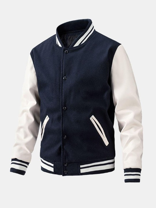 Contrast Wool Look Baseball Jacket-Vacay Outfit
