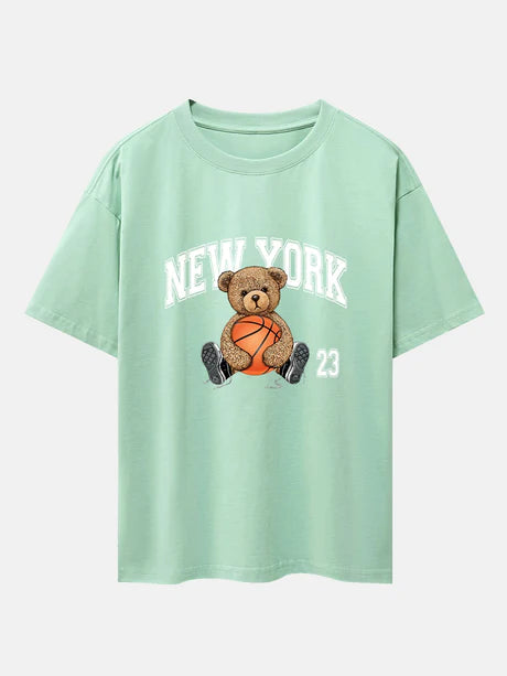 Basketball Bear Print Oversize T-Shirt-Vacay Outfit