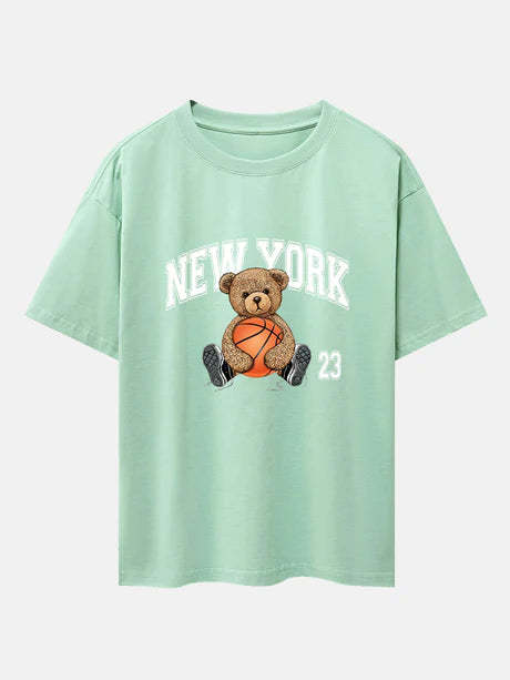 Basketball Bear Print Oversize T-Shirt-Vacay Outfit