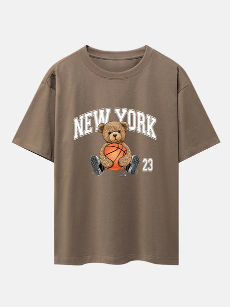 Basketball Bear Print Oversize T-Shirt-Vacay Outfit