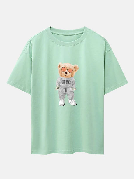 Bear Print Oversize T-Shirt-Vacay Outfit