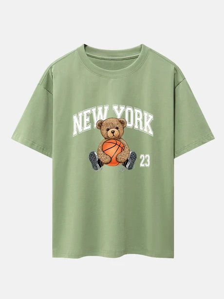 Basketball Bear Print Oversize T-Shirt-Vacay Outfit