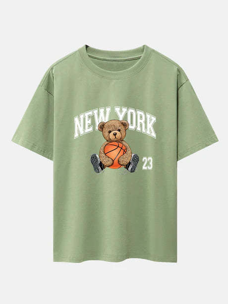 Basketball Bear Print Oversize T-Shirt-Vacay Outfit