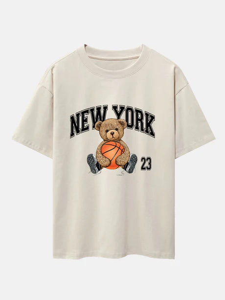 Basketball Bear Print Oversize T-Shirt-Vacay Outfit
