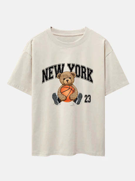 Basketball Bear Print Oversize T-Shirt-Vacay Outfit