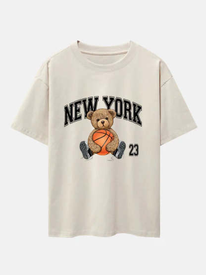 Basketball Bear Print Oversize T-Shirt-Vacay Outfit