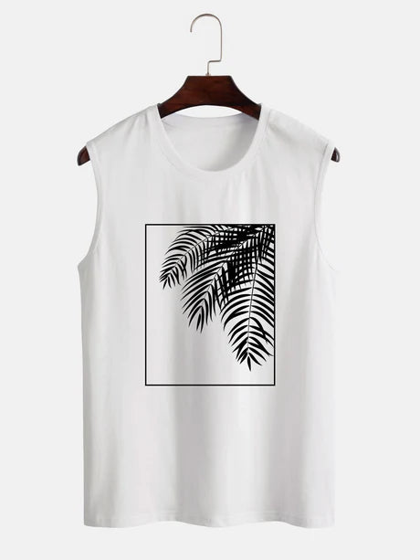 Palm Leaf Print Tank Top And Shorts-Vacay Outfit