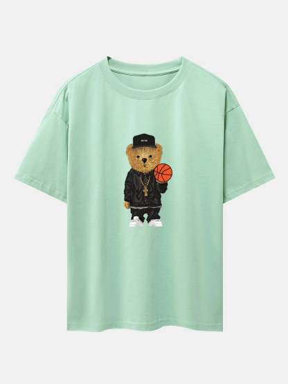 Basketball Bear Print Oversize T-Shirt-Vacay Outfit