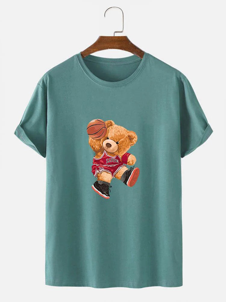 Bear Playing Basketball Print T-Shirt-Vacay Outfit
