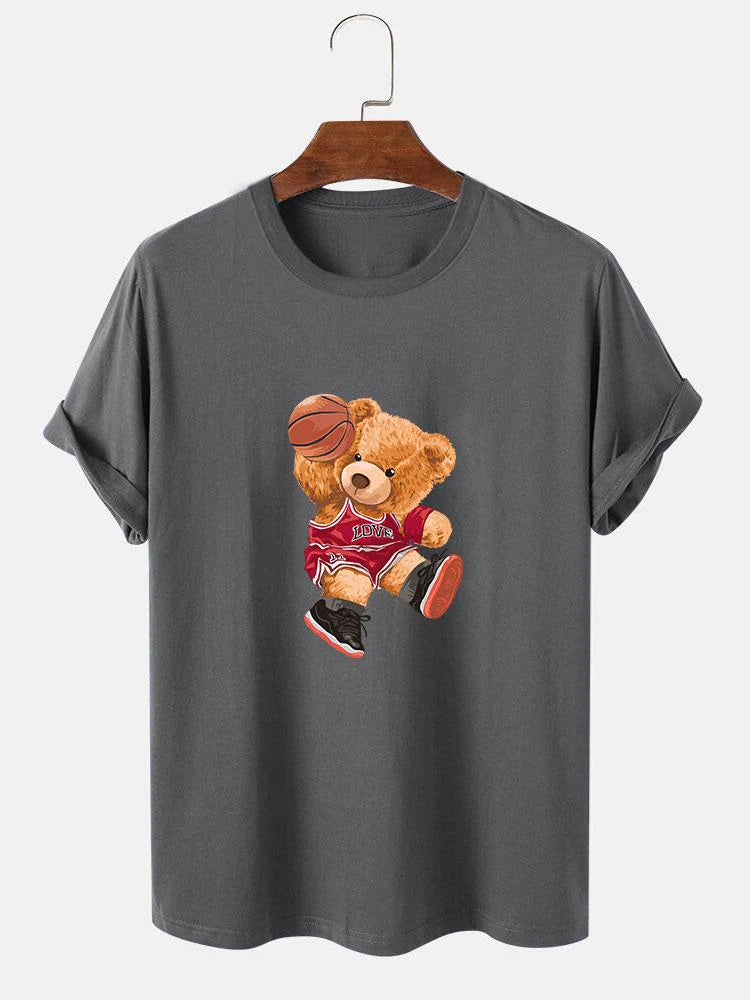 Bear Playing Basketball Print T-Shirt-Vacay Outfit