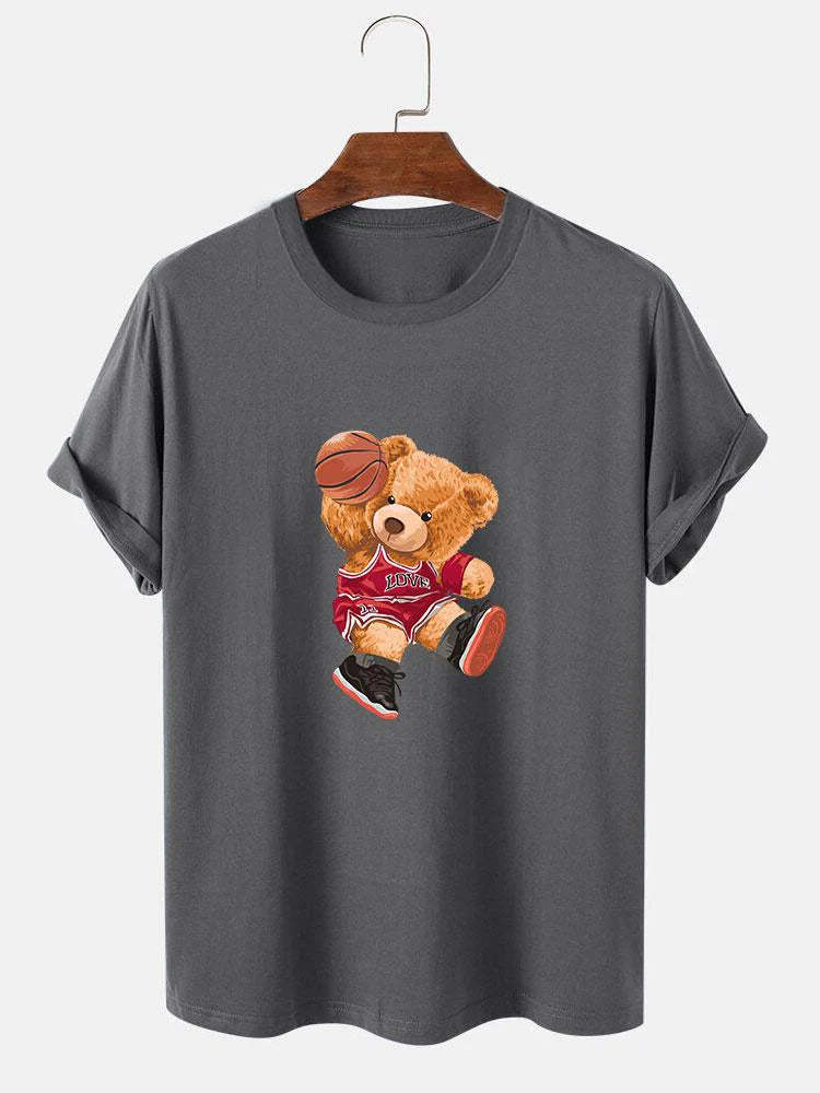 Bear Playing Basketball Print T-Shirt-Vacay Outfit