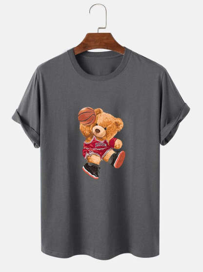 Bear Playing Basketball Print T-Shirt-Vacay Outfit